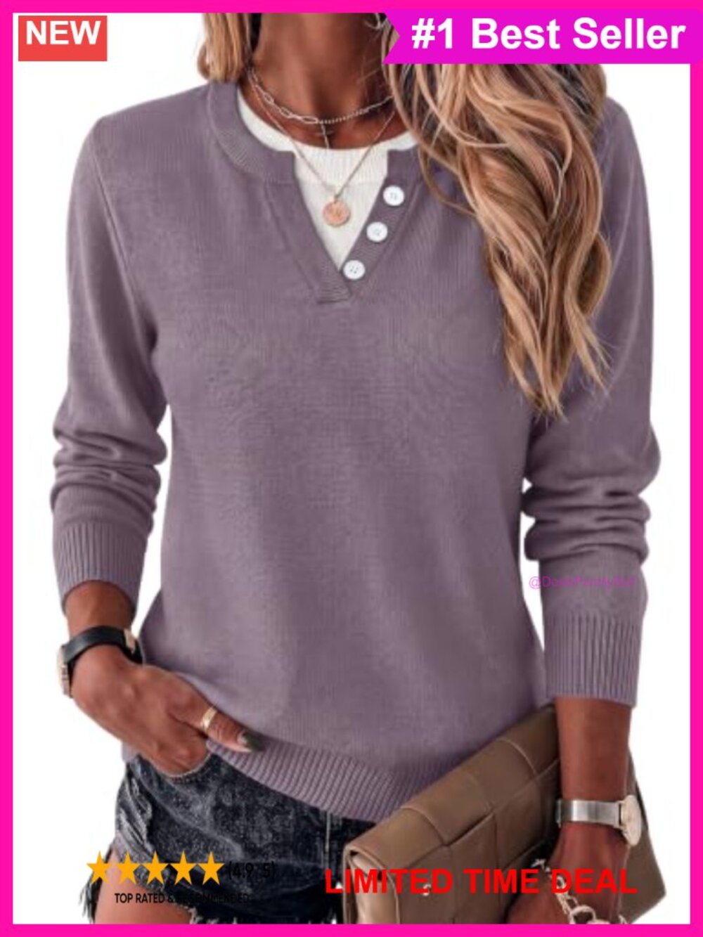 Women's Lightweight Knit Pullover Sweater Faux Layer Contrast Collar Button